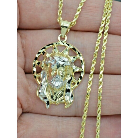 Real 10K Yellow Gold Jesus Head Diamond Cut Pendant 4.1gr + Chain 16"-24"